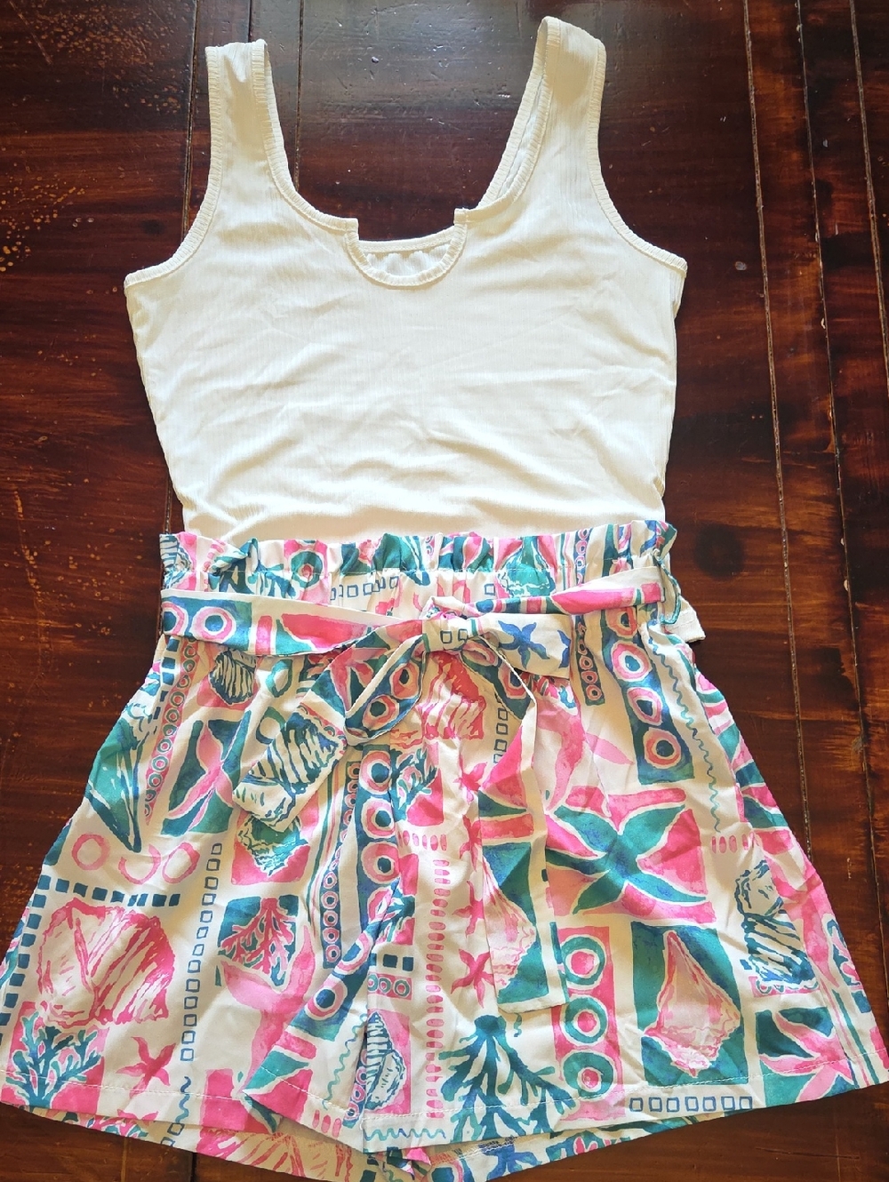 SHEIN White Tank Top with Pink & Teal Patterned Shorts Set